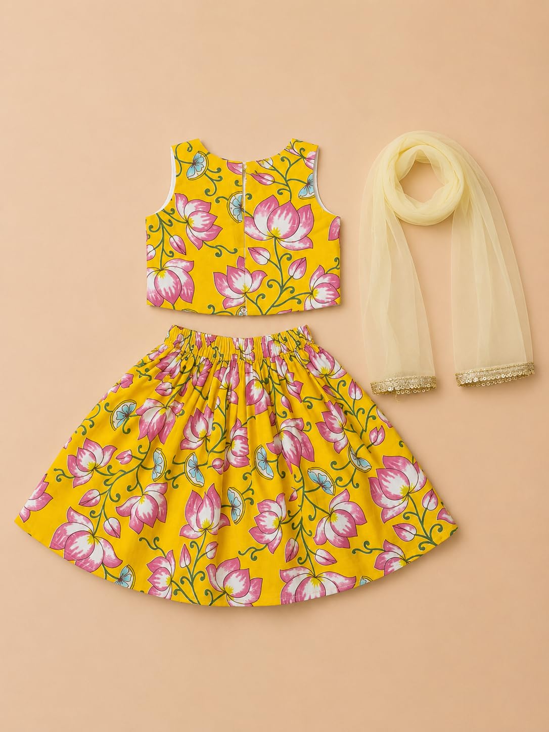 A.T.U.N. (ALL THINGS UBER NICE) Lehenga Choli - Set da ragazza in cotone etnico floreale con pizzo e Dupatta, tradizionale vestito festivo in 3 pezzi per bambini