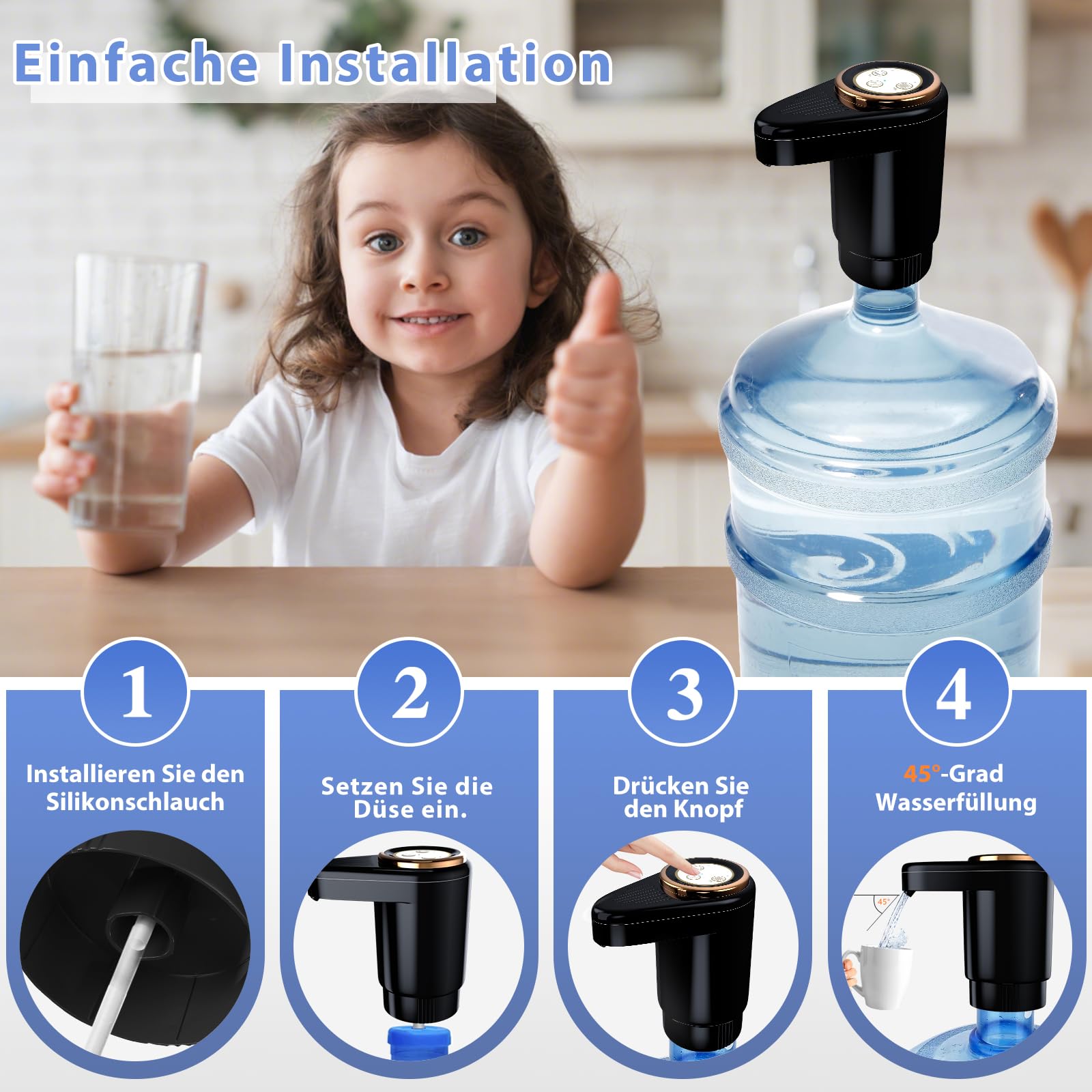 EASYSPEED Dispenser d'Acqua Portatile 1200mAh USB Ricaricabile con Due Pompe Integrate Nero