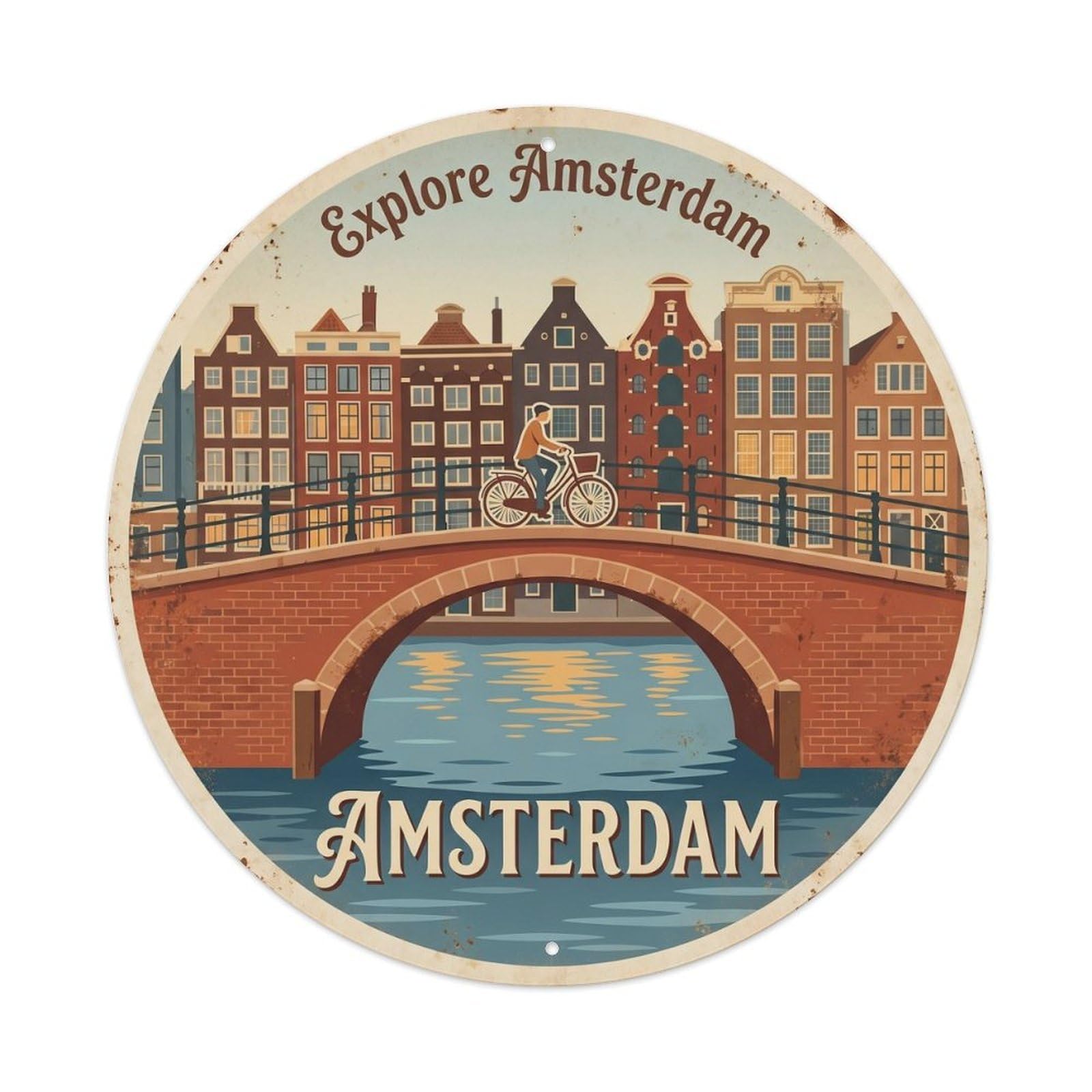 Vintage Travel Netherlands Bicycle Bridge Metal Tin Sign Plaque