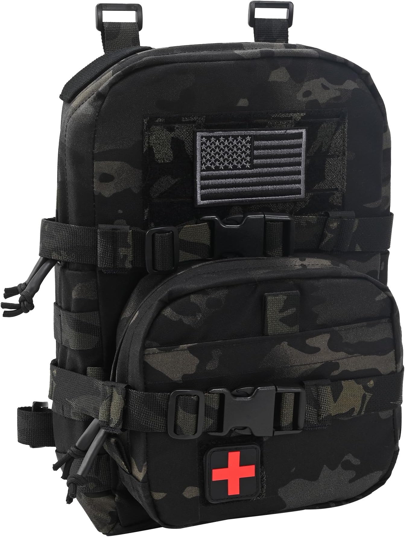 Tactical Mini Molle Hydration Pack,Molle Hydration Carrier with IFAK Pouch&US Flag&Med Patch,Hydropack for 2L Water Bladder