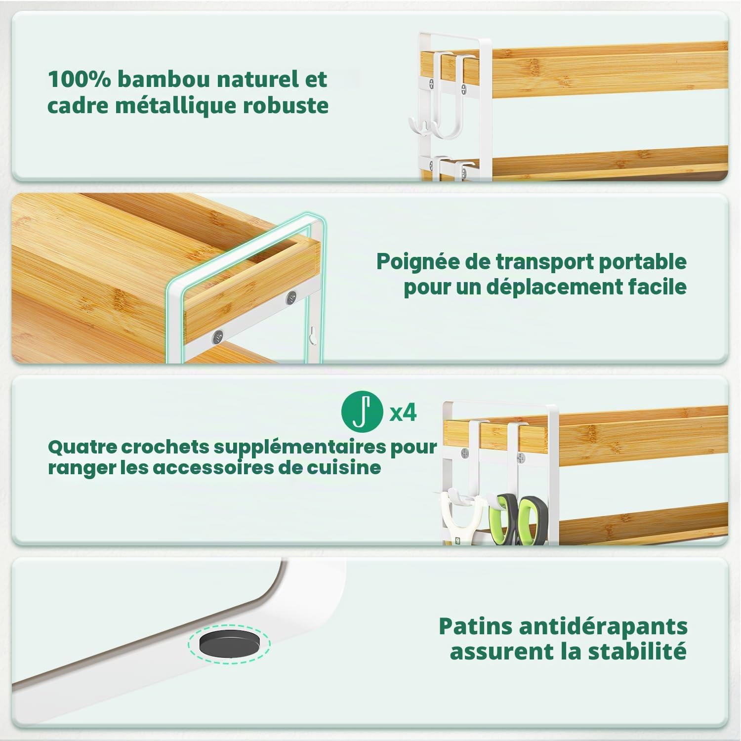 EsLuker.ly Étagère à épices pour comptoir de cuisine, étagère à épices en bambou à 4 niveaux avec 4 crochets, support mural autonome pour garde-manger, bambou + blanc (bocaux non inclus)