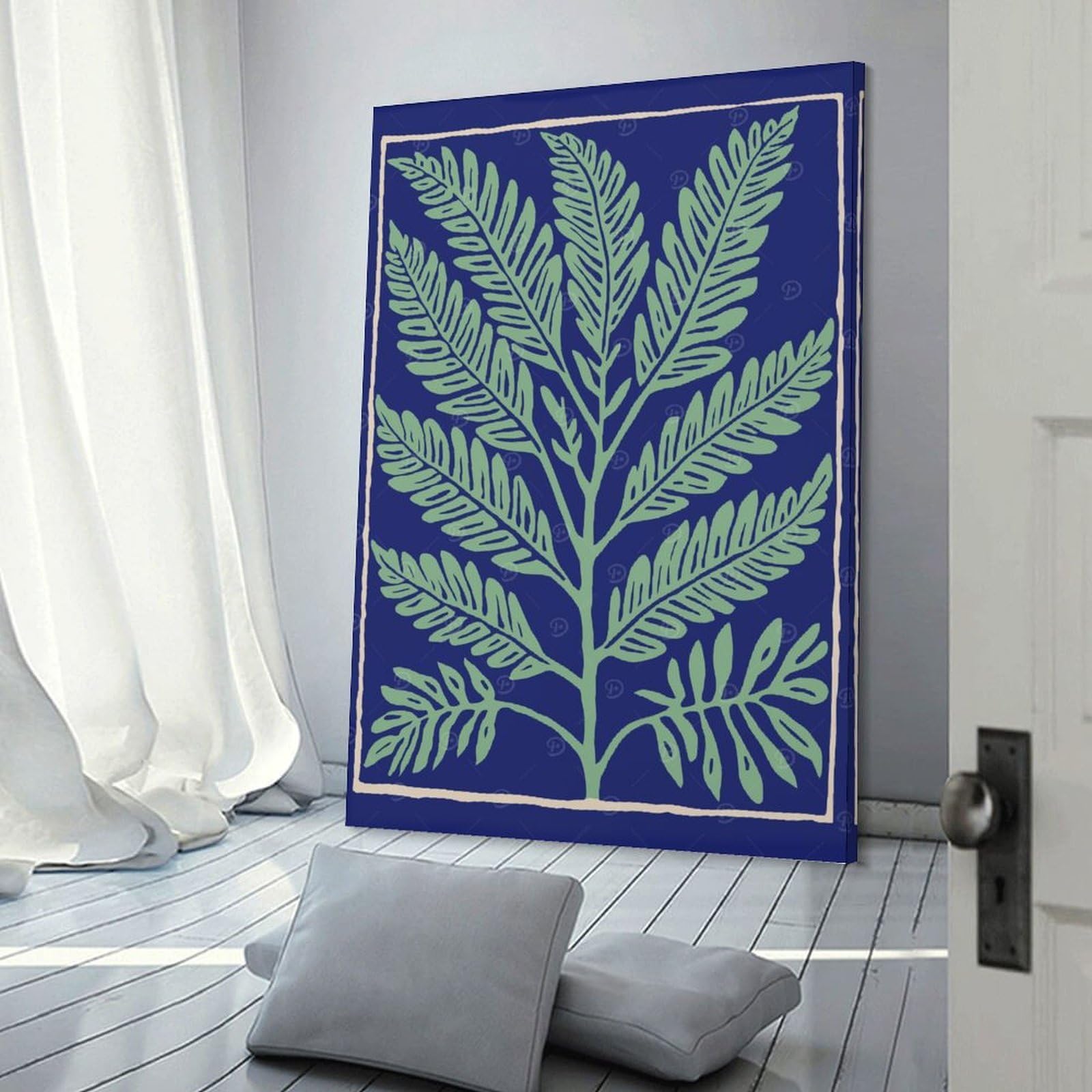 Junmoney Green Branch on Blue Canvas Art Print, 24x36inch(60x90cm), for Living Room, Bedroom, Office Or Hallway, Decorative Artwork with Broad Appeal