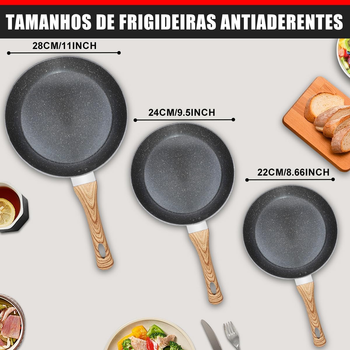 Conjunto de Frigideiras Antiaderentes, Com Base de Pedra e Cabos de Madeira, 3 Peças