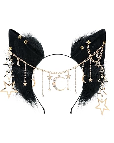 BNLIDES Handmade Furry Animal Ears Headwear Realistic Plush Cosplay Accessory for Party, Anime and Convention Dress-Up - Galaxy Black