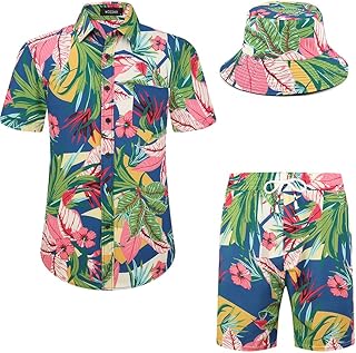 MCEDAR Men's Hawaiian Shirt and Short 2 Piece Vacation Outfits Sets Casual Button Down Beach Floral Suits with Bucket Hats
