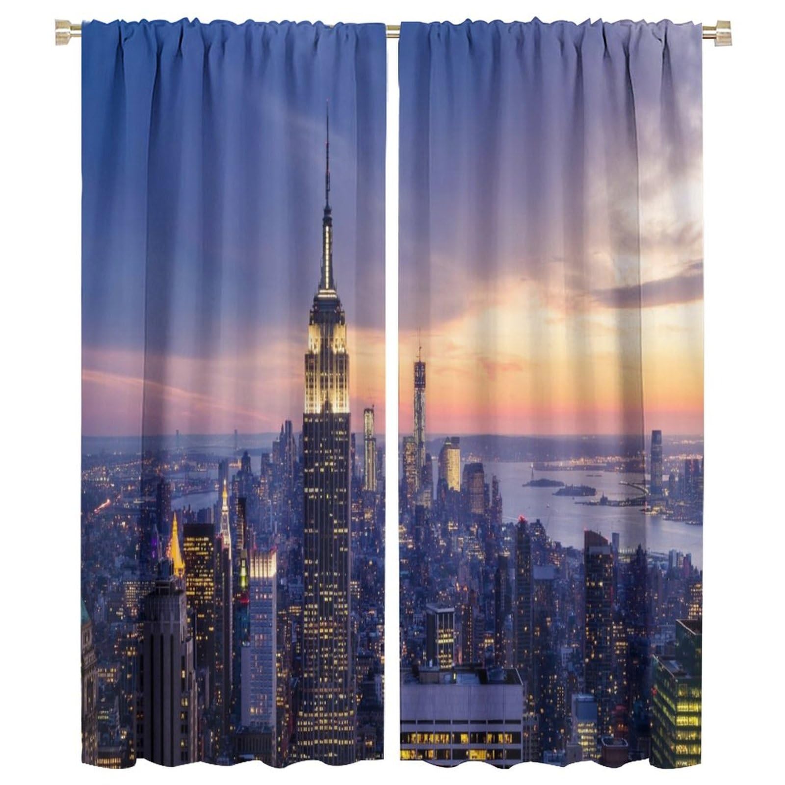 Modern Curtains, New York City Skyline with A Skyscrapers at The Night with Sunset American Urban Li for Bedroom Living Room Darkening Window Drapes 2 Panels 42x54 Inch, Style-5