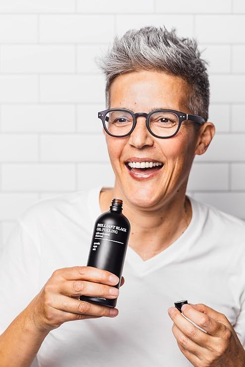 Terra & Co. Brilliant Black Oil Pulling Mouthwash | Natural Coconut Oil Rinse with Vitamin E & Activated Charcoal | Fluoride-Free & Alcohol-Free | Fresh Breath, Whiter Smile | Made in USA | 6.75 oz