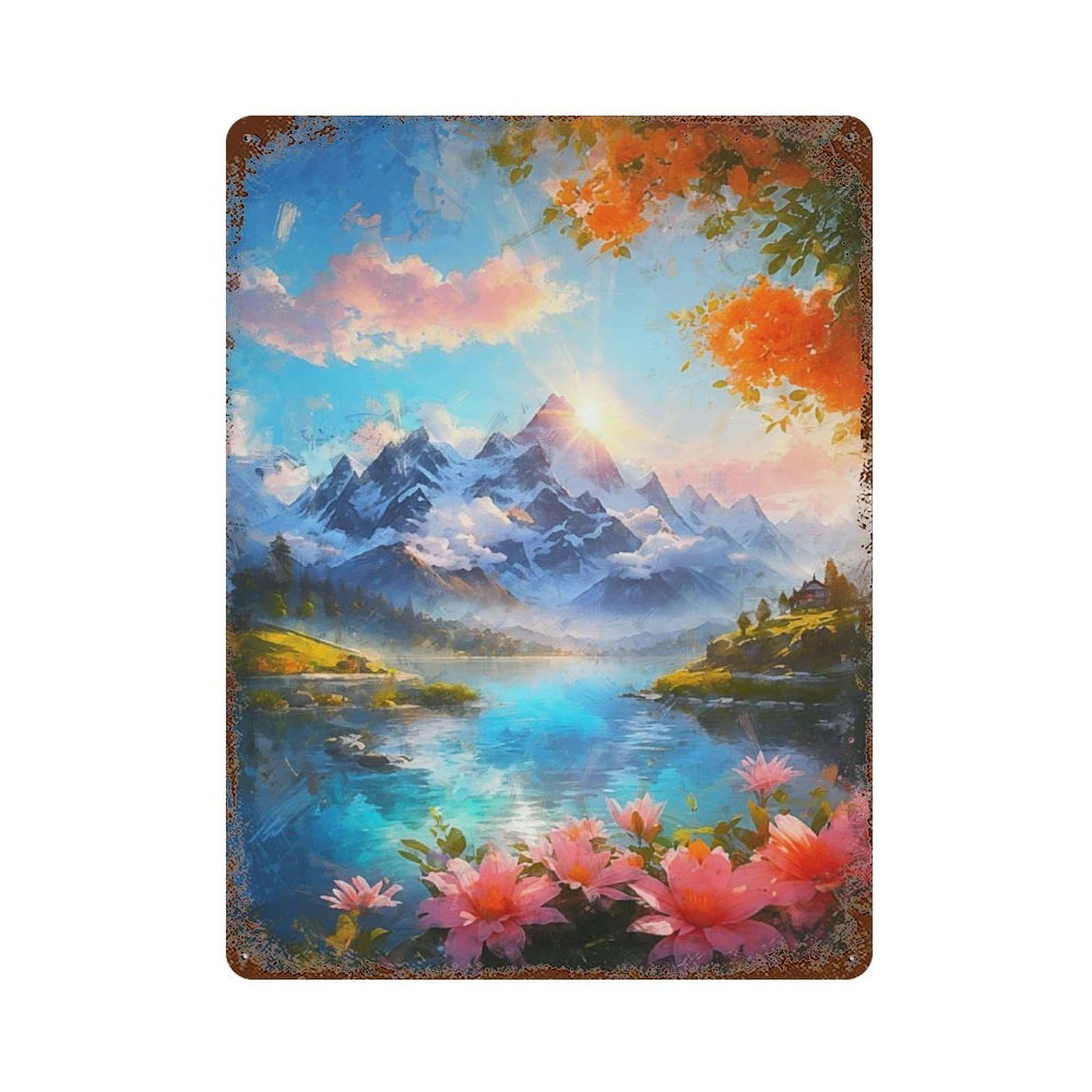 Rust Effect Tin Sign with The Lake at Sunset Design 15.7"x11.8", for Pub, Kitchen And Man Cave Decor, Industrial Home Decor