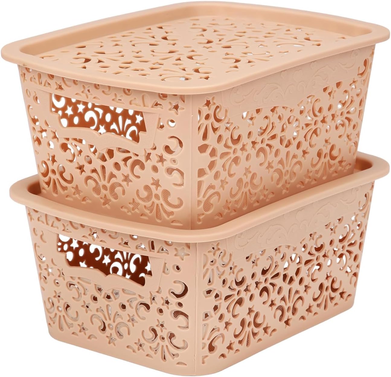 Plastic Storage Turkish Baskets with Lid Set of 2 Storing Fruit Vegetable Toys, Kitchen Bathroom Stationary Tools (Beige, Small)