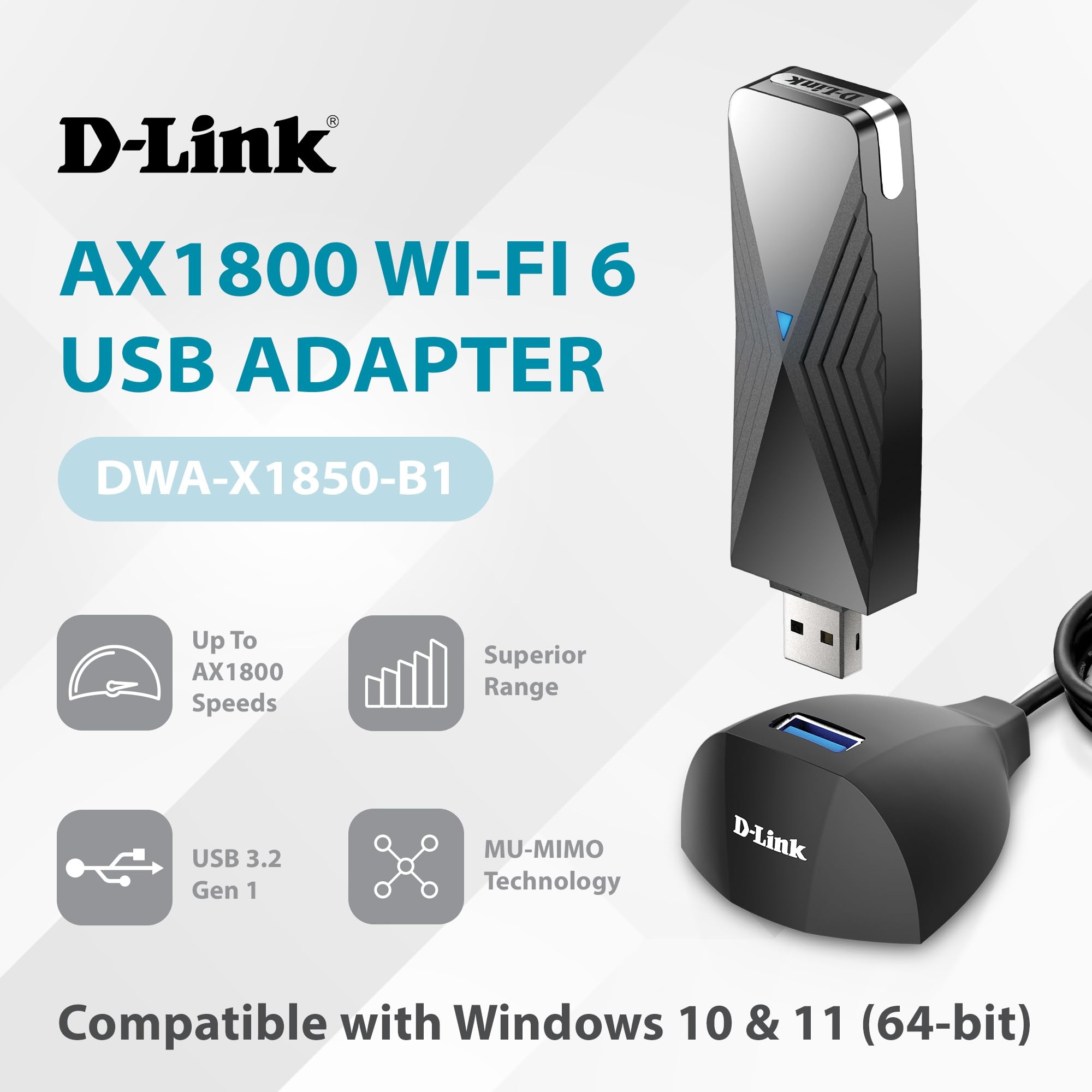 D-Link USB WiFi 6 Adapter AX1800 USB 3.0 Dual Band Long Range MU-MIMO Wireless Internet Network for Desktop PC Laptop Windows (DWA-X1850-B1) Black