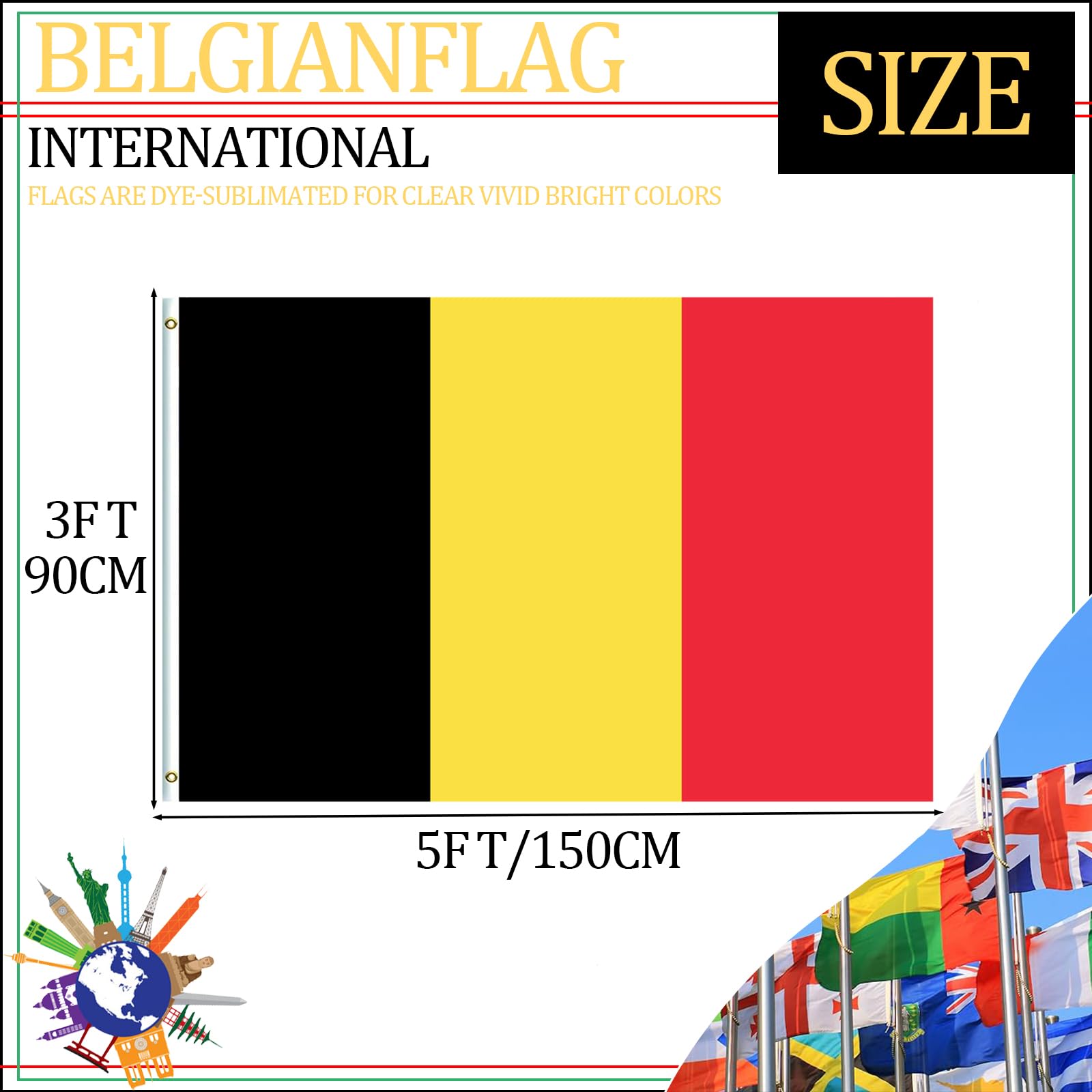 Large Belgium Flag 5ftx3ft with Eyelets for Fifa World Cup Football 2026 Decorations,Big Belgian Flags for Indoor Outdoor Sports Garden Event Eurovision Euro Football Belgium Party Decorations - Image 2