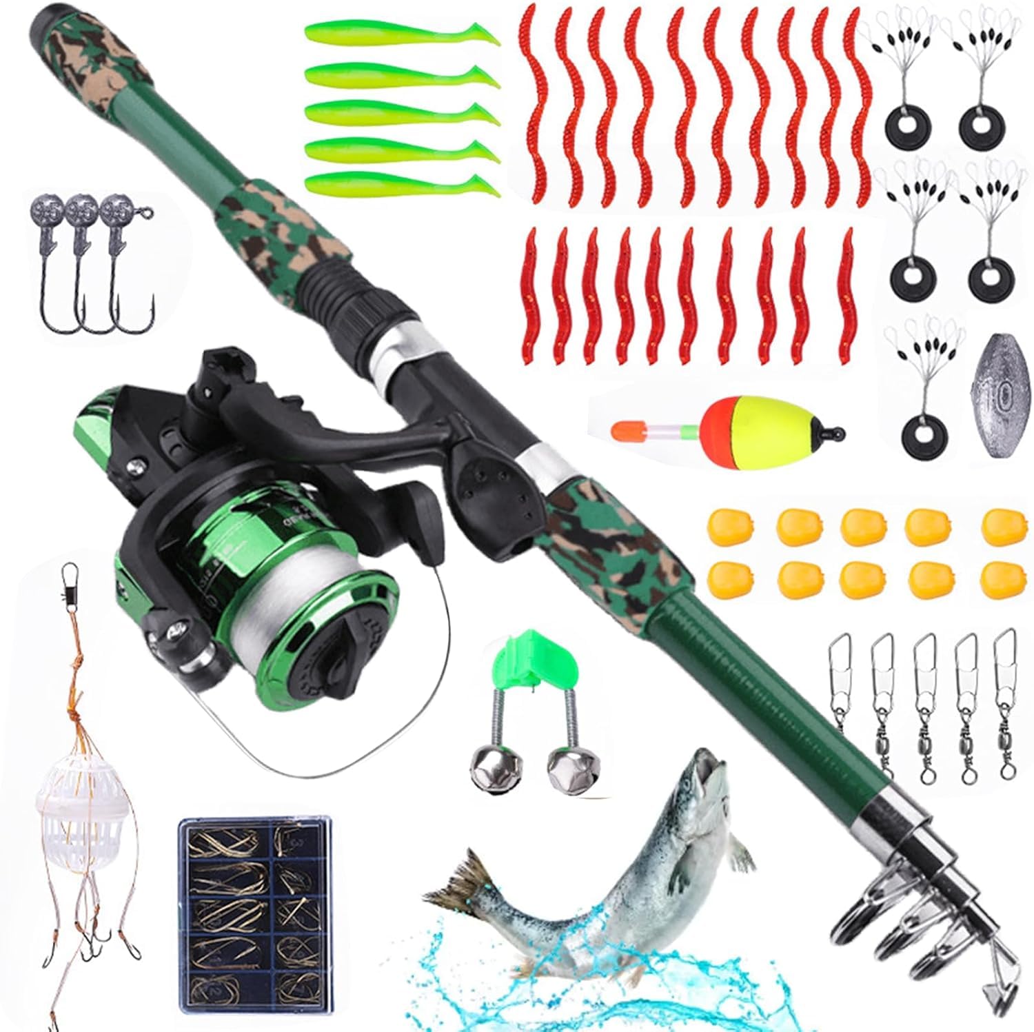Kit de pêche complet pour enfants de 1,8 m avec moulinet et appât, canne à pêche télescopique en fibre de carbone et moulinet, accessoires de pêche pour enfants de 3 à 10 ans