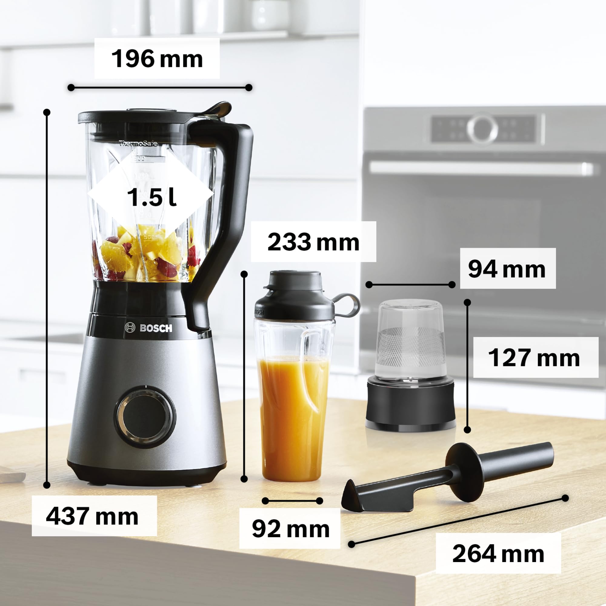 Bosch Standmixer, Smoothie Maker, 30,000 U/min, 1200 W, Edelstahl-Messer, 1,5l ThermoSafe Glasbehälter, 0,6l ToGo-Flasche, Zerkleinerer, Made in Europe, VitaPower Serie 4 MMB6177S