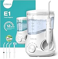 COSLUS E1 Electric Water Flosser: 12 Pressure Levels, 5 Tips for Braces, Sensitive Gums, Orthodontics - Family Oral Care, White