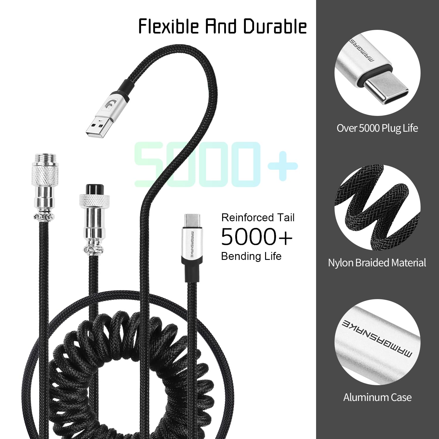 ATTACK SHARK C01 PRO USB C Cavo Spirale Tastiera Gaming, Cavo Type-c Tastiera Meccanica, Tipo C a USB A Intrecciato Doppia Manica Cavi Staccabile con Connettori Aviatori in Metallo, Bianco