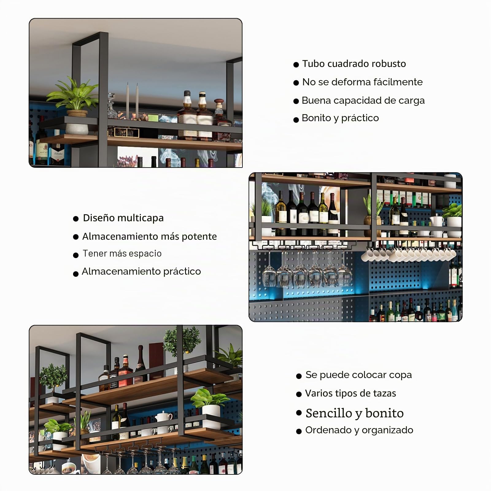 Soporte Para Copa de Vino Colgante Botellero - Botellero de Techo con Portabotellas, Soporte de Botella de vino Colgante Industrial de 2 Capas, Para Cocina de Bar Cafetería (100×30×80cm, negro)