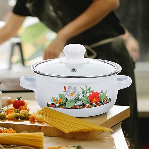 Miniatura 4 de UPKOCH Olla de cocina esmaltada con tapa, olla de cocina retro antiadherente, olla de sopa floral a fuego lento para inducción, olla de pasta para