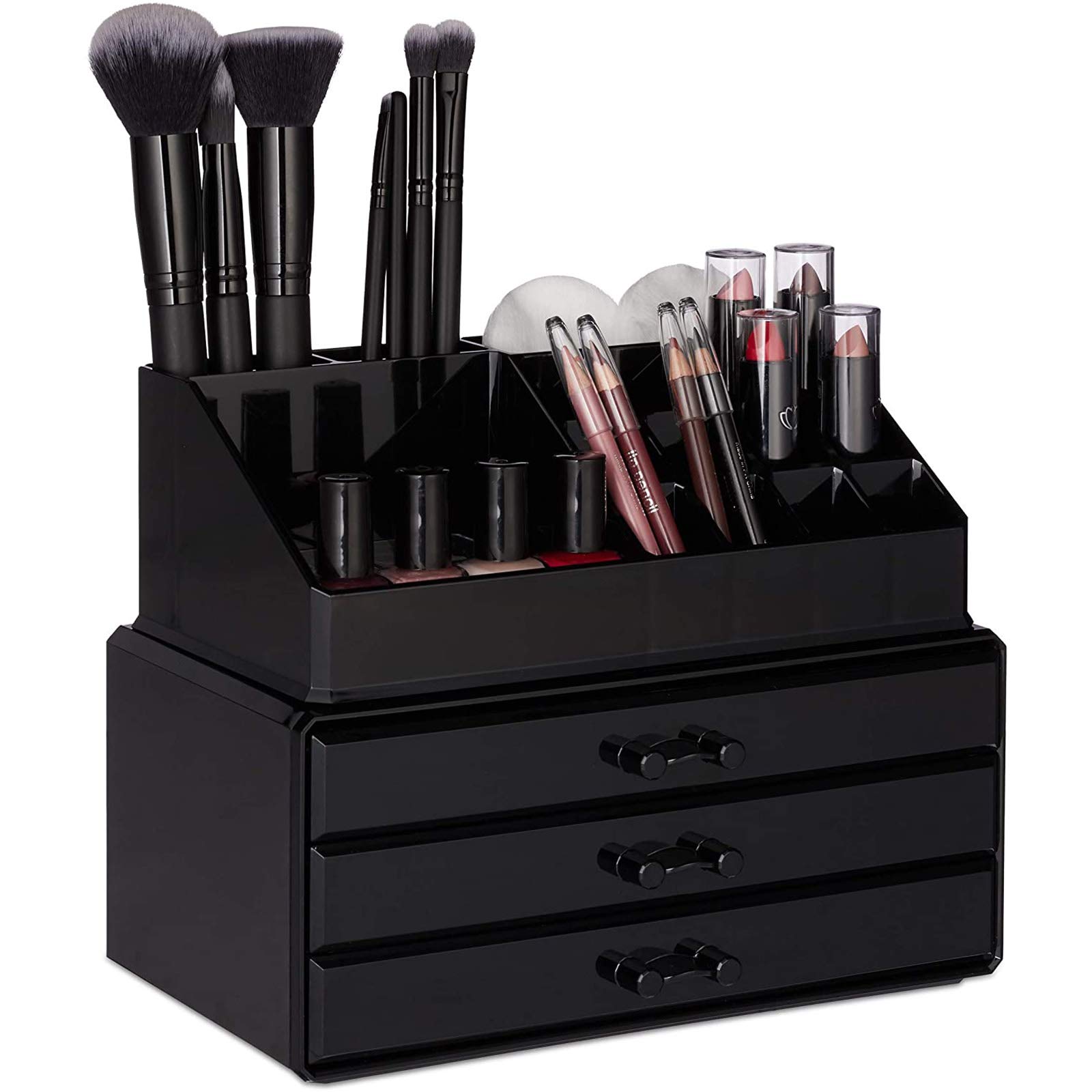 HEWADY Black Make up Organizer Small, 2-Piece Make-up Storage with Drawers, Stackable Cosmetic Rack, Plastic,: Approx. 19 x 23.5 x 14 cm
