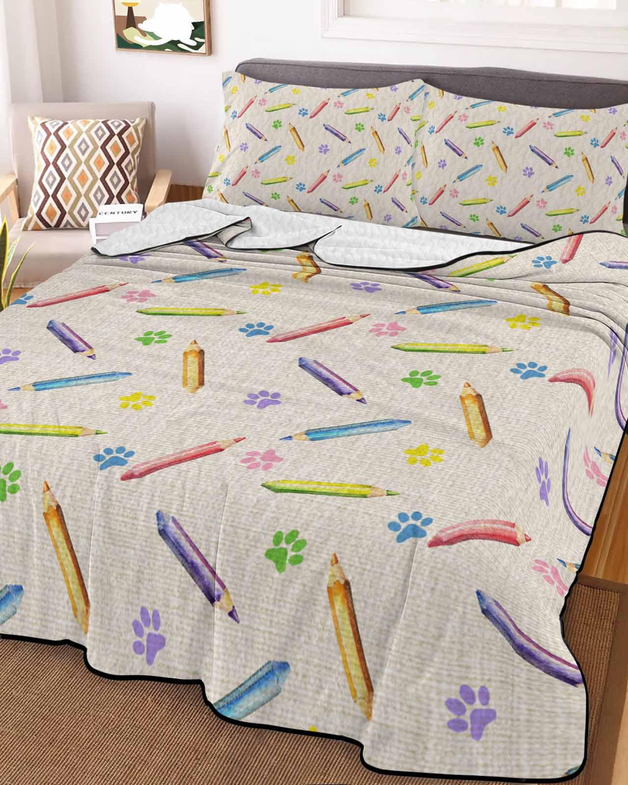 LooPoP Quilt Sets Twin Size Paw Print Pencil Comforter Set Soft Bedspread Coverlet 3 Pieces Childlike Black Linen Quilted Bedding Set with 2 Pillowcases Thin Comforter Bed Cover for All Season 68x86