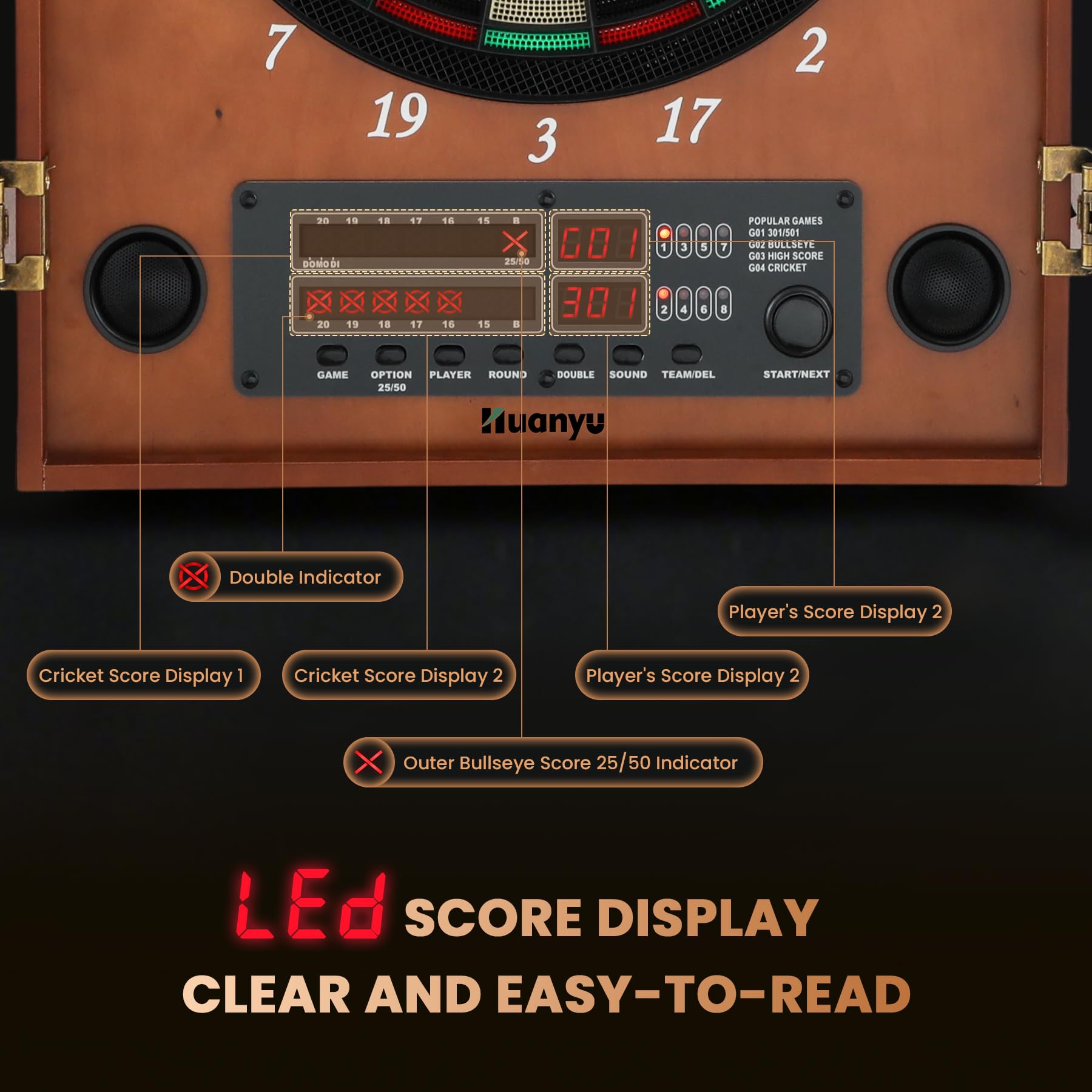Huanyu Diana electrónica Juego de Diana LED con Armario para Adultos con 12 Dardos de Punta Blanda para hasta 8 Jugadores, 25 Juegos, Ideal para Salas de Juegos Familiares y Bares