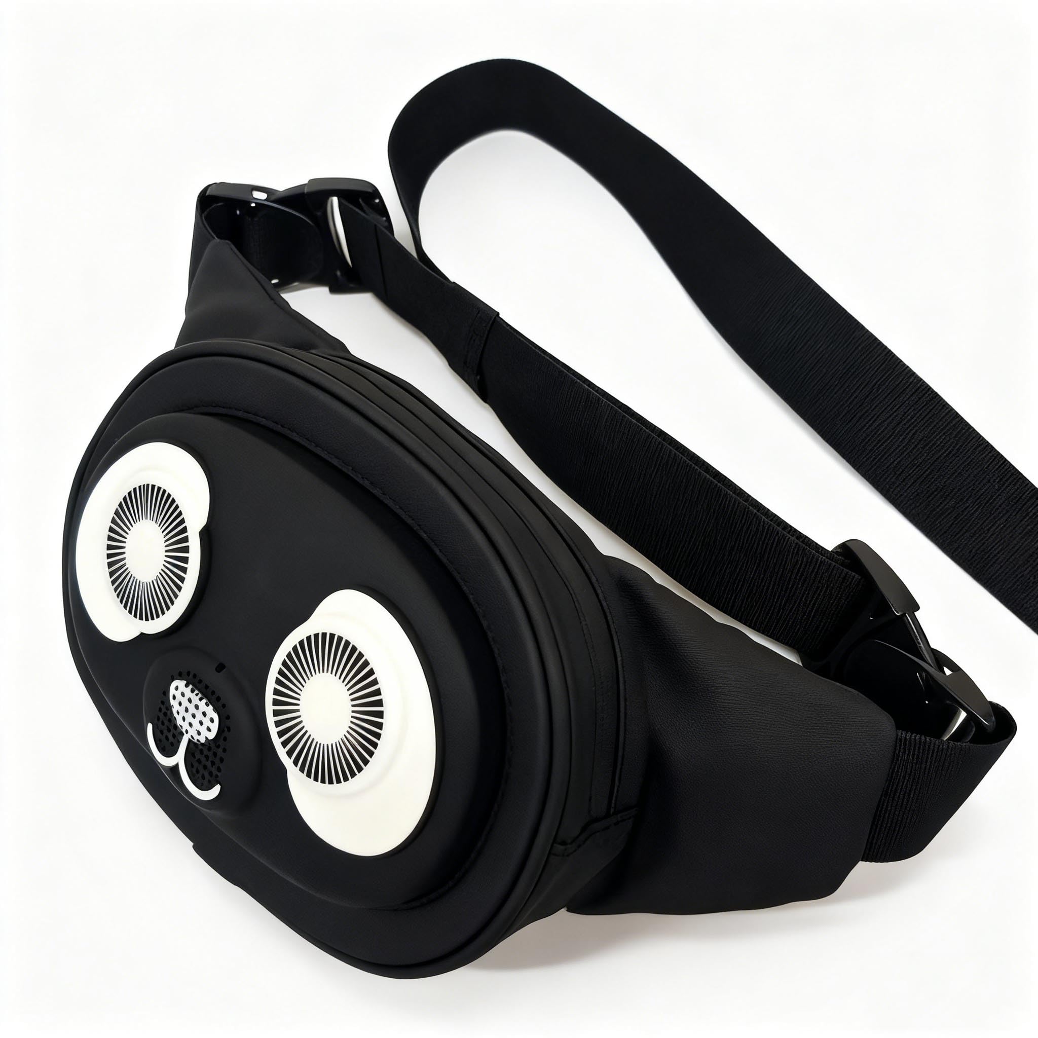 Gelrova Regenfeste Bauchtasche mit Lautsprecher und LED-Lichtern – spritzwassergeschützte Hüfttasche, Schnellverschlussgurt, Musik-Synchronisations-Augenlichter, für Freizeitausflüge PandaSync