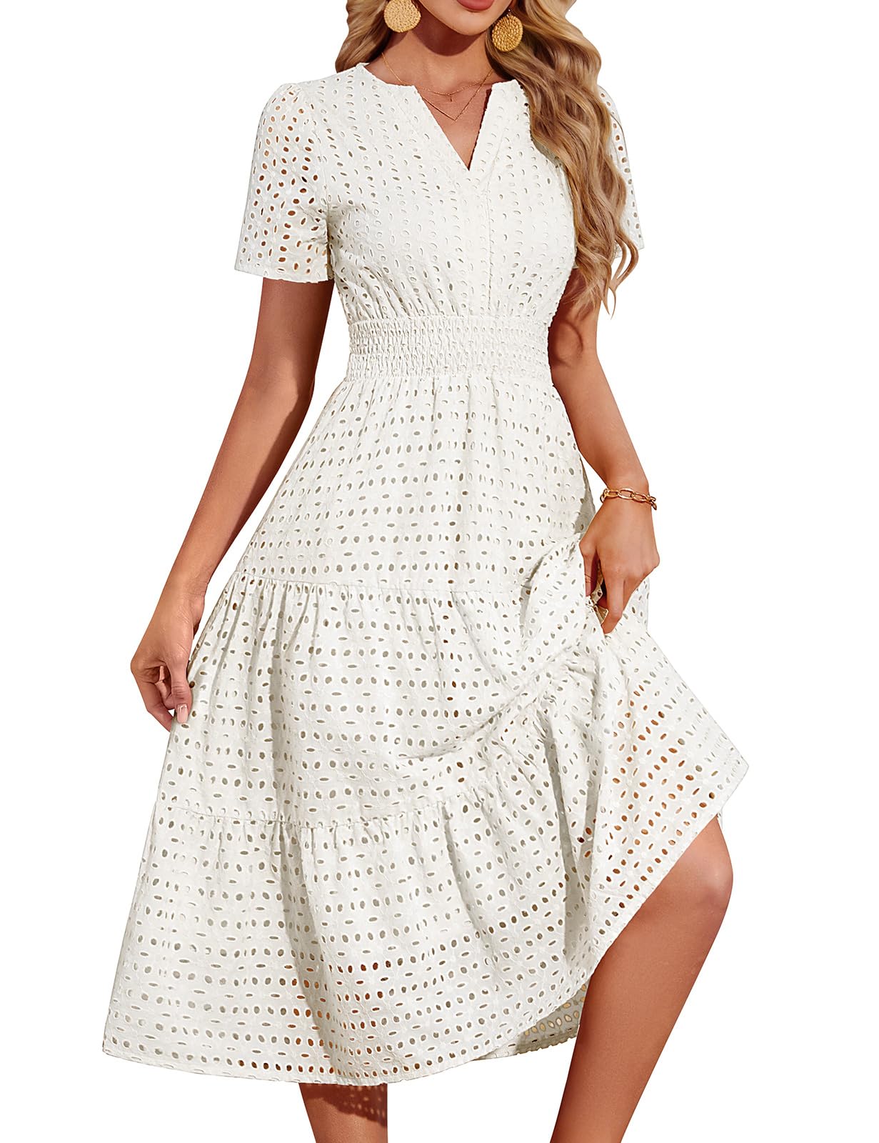 PASUDA Vestiti Donna Estivi Lunghi Elegante Vestito Cotone Scollo a V Maniche Corte Abiti a Tinta Unita Casual Lungo Abito Mare da Spiaggia con Tasche Vita Elastica A Linea