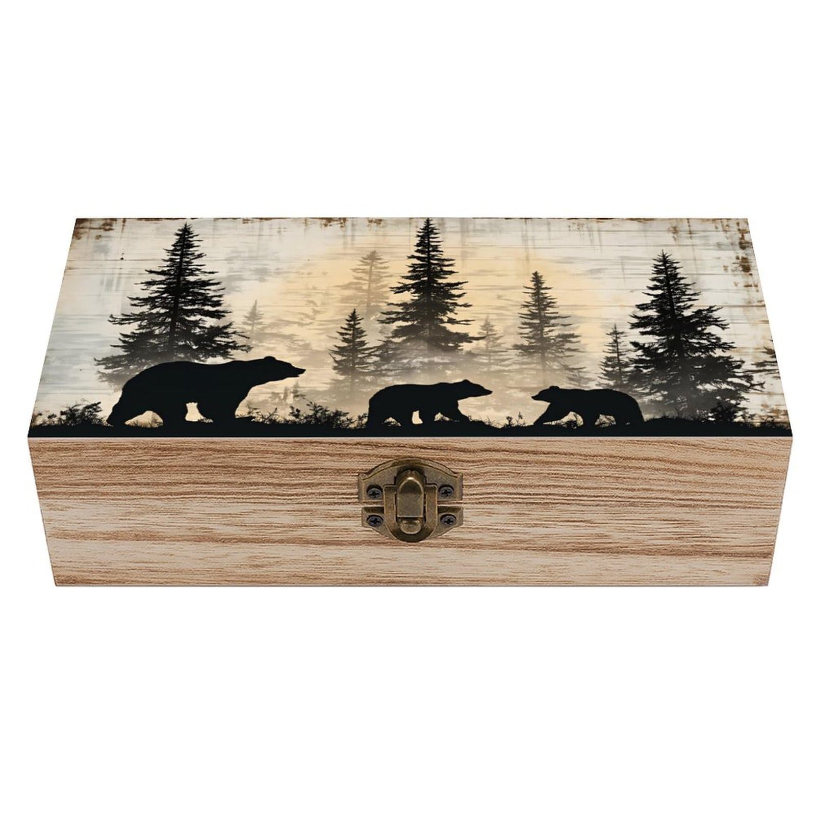 SMAZDFXX Bear Family Silhouette Wooden Keepsake Box Vintage Solid Wood with Hinged Lid 7.9"×3.7"×2.3" Metal Latch Rustic Home Decor for Jewelry Photos And Trinkets