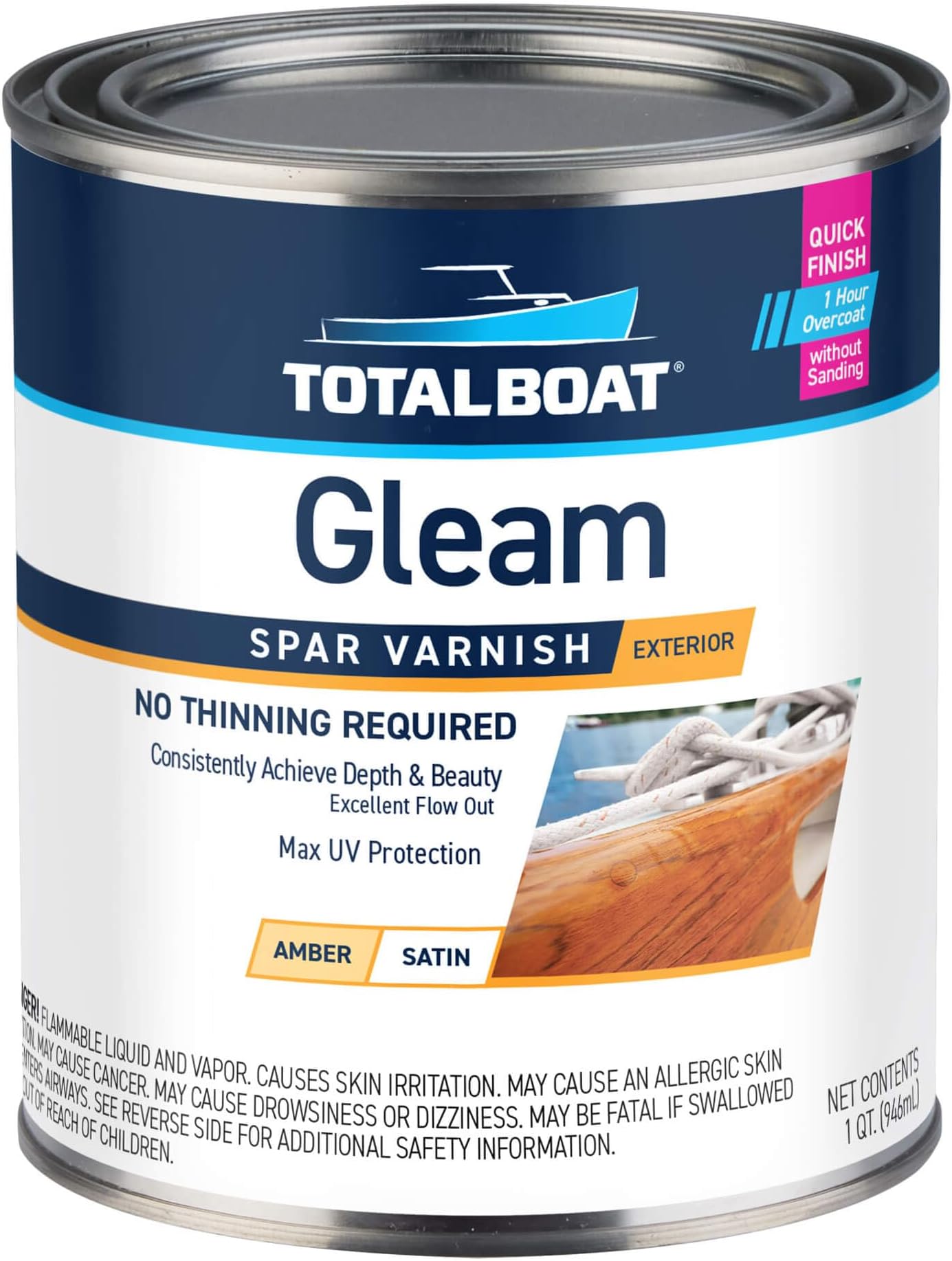 TotalBoat Gleam Marine Spar Varnish, Gloss and Satin Polyurethane Finish for Wood, Boats and Outdoor Furniture (Satin Low-Sheen Quart)