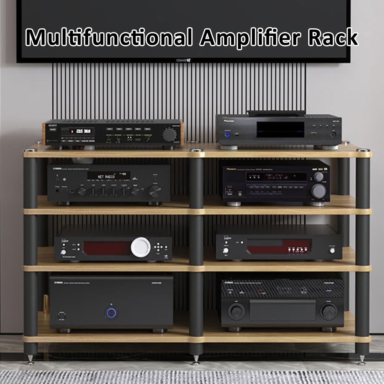 Mahoń 2-poziomowy stojak stereo, narożna półka na media AV, wieża audio, stylowe centrum rozrywki do przechowywania i wyświetlania komponentów stereo, 120 x 48 x 37 cm