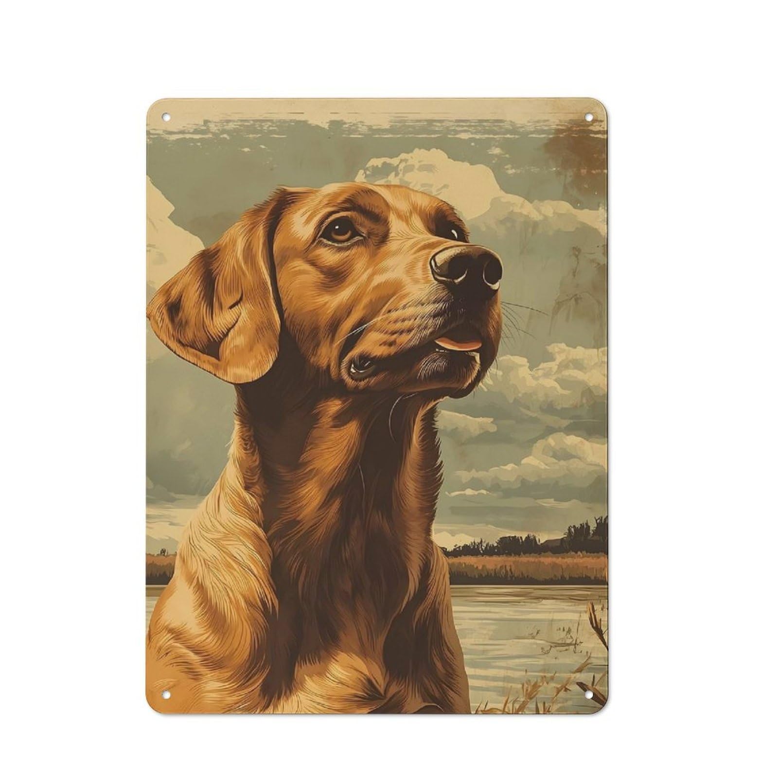Golden Dog Portrait in Nature Warehouse Style Metal Wall Decor 40x30cm, Metal Wall Sign for Workspace, Cafe, Hallway Or Garage