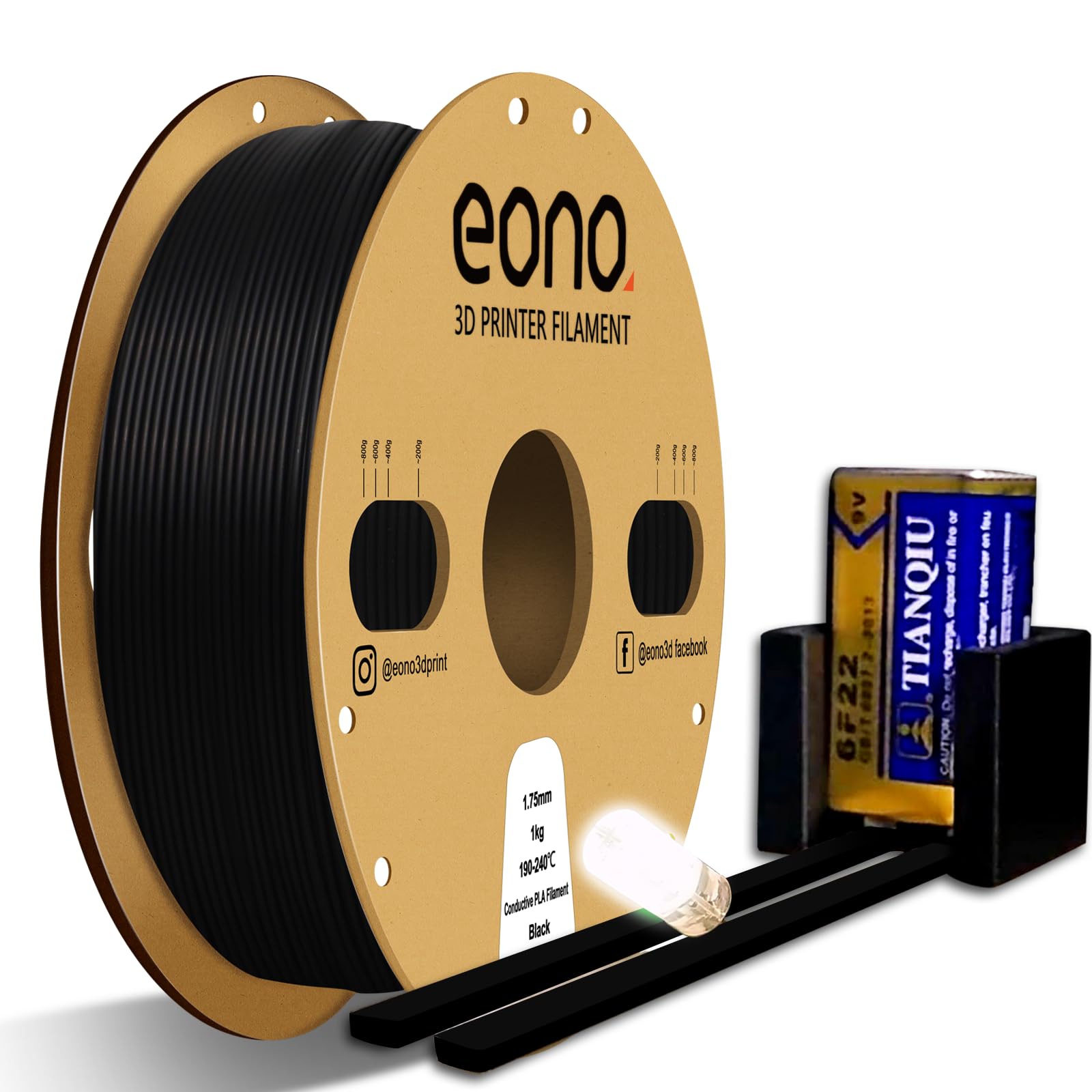 EONO Filamento PLA conductivo de 1,75 mm, 1 kg, para impresora 3D conductiva, para protección ESD, sensores y prototipos funcionales, compatible con impresoras FDM, color negro