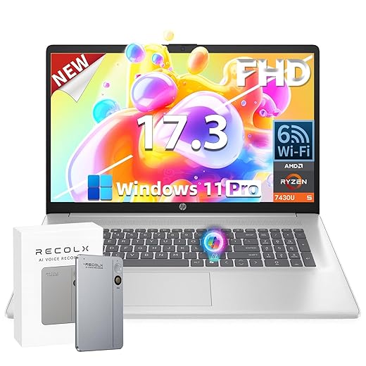 HP 17.3" FHD Business Laptop Computer - AMD Ryzen 5 7430U (6-Core), 32GB RAM 1TB SSD, Anti-Glare Display, Windows 11 Pro with Webcam, Wi-Fi & AI Voice Recorder Bundle for Remote Work and Students