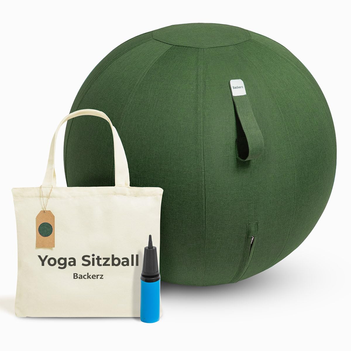 Backerz Sitzball Büro Ergonomisch 55 cm, Ergonomische Sitzmöbel für Büro und Heimbüro, Langlebiger Stoff, Gymnastikball - Fitness-Ball, Ballstuhl mit Ballauflage - Waschbarer Leinenbezug - Olivgrün