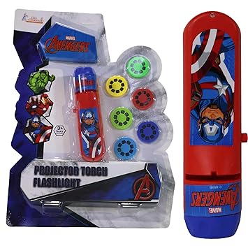 Marvel Avengers Projector Torch -Handheld Battery Operated LED Flashlight for Kids,Includes 3 Character Slides with 24 Patterns,Creative Drawing & Tracing Set with Stencils and Markers, Red