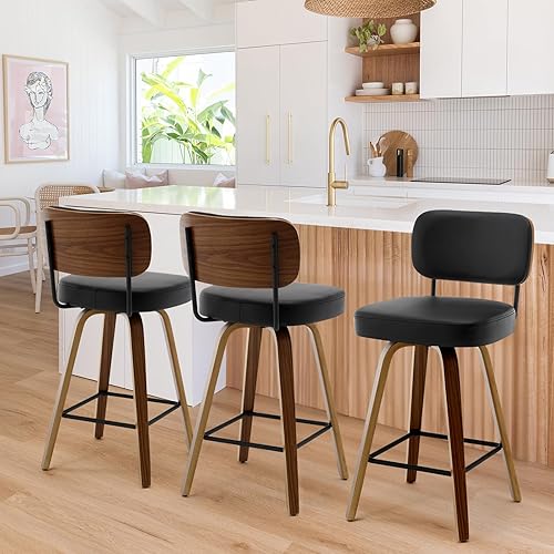 Miniatura 61 de Bekrvio Juego de 3 taburetes de bar giratorios de altura de mostrador, taburetes de bar tapizados de piel sintética con respaldo de ratán, sillas de