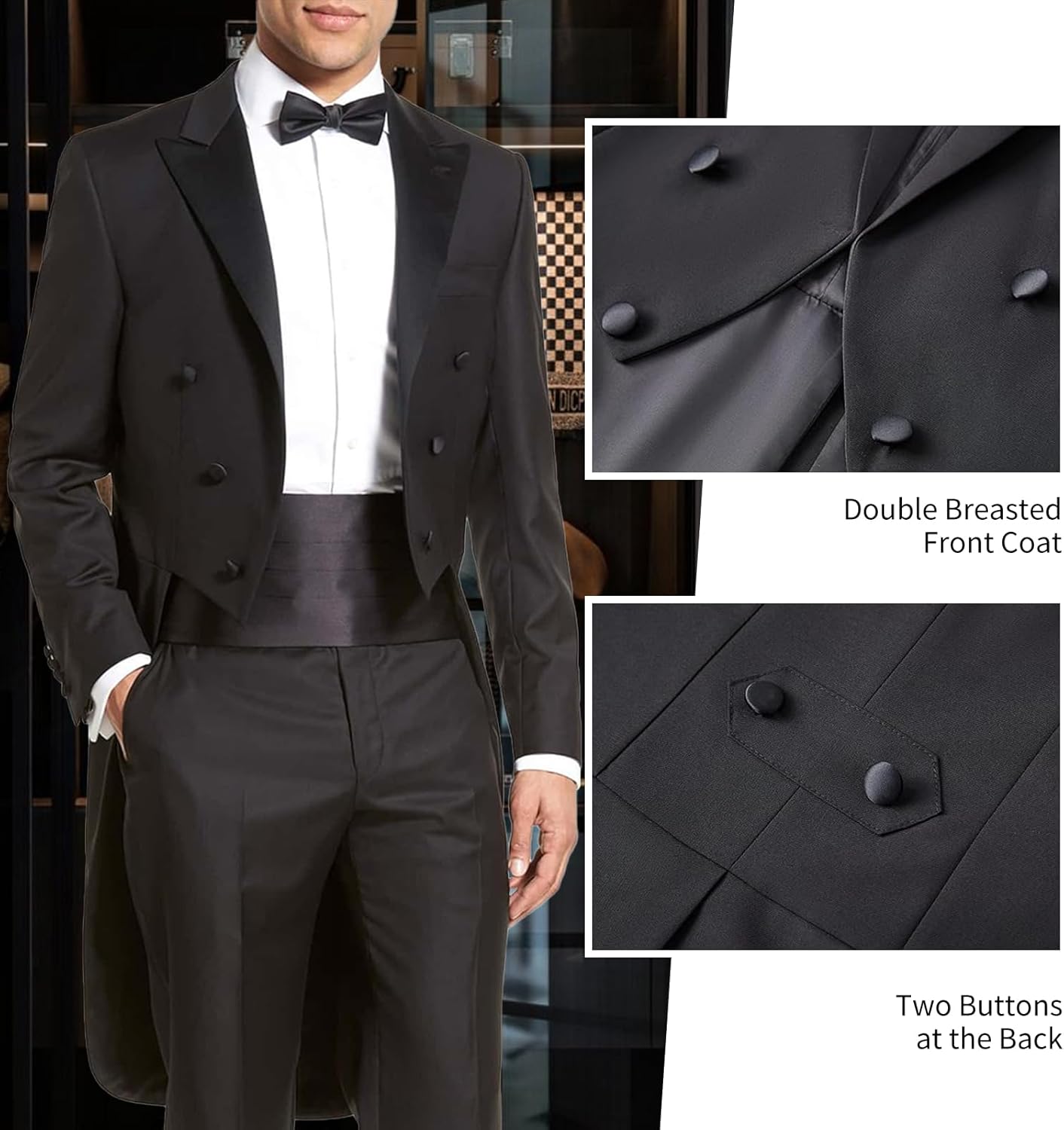 2 Piece Slim Fit Men's Tuxedo Suit Mens Tailcoat Suit Double Breasted Swallow Tailed Coat Jacket Pants Set
