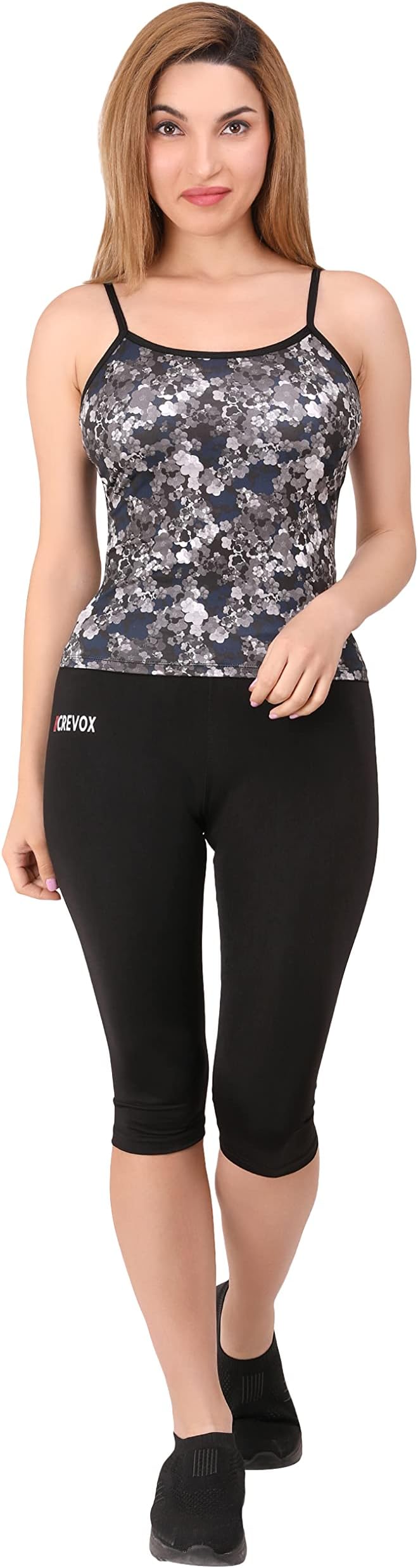 Two Piece Swim Wear/Swim Suit with Printed Crop Top and Black Capri for Women and Girls (80% Nylon 20% Spandex) (Comfort Fit)