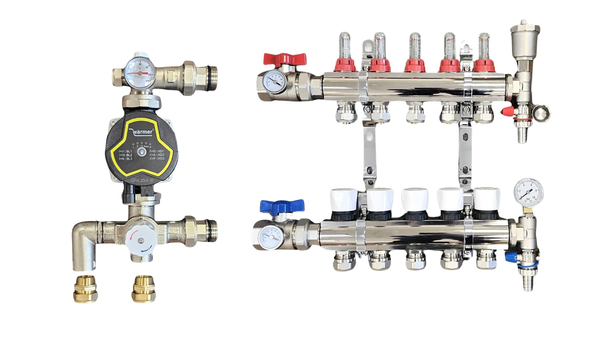Wärmer System 5 Port Underfloor Heating Manifold with 'A' Rated Auto Pump GPA25-6 III and Blending Valve Set