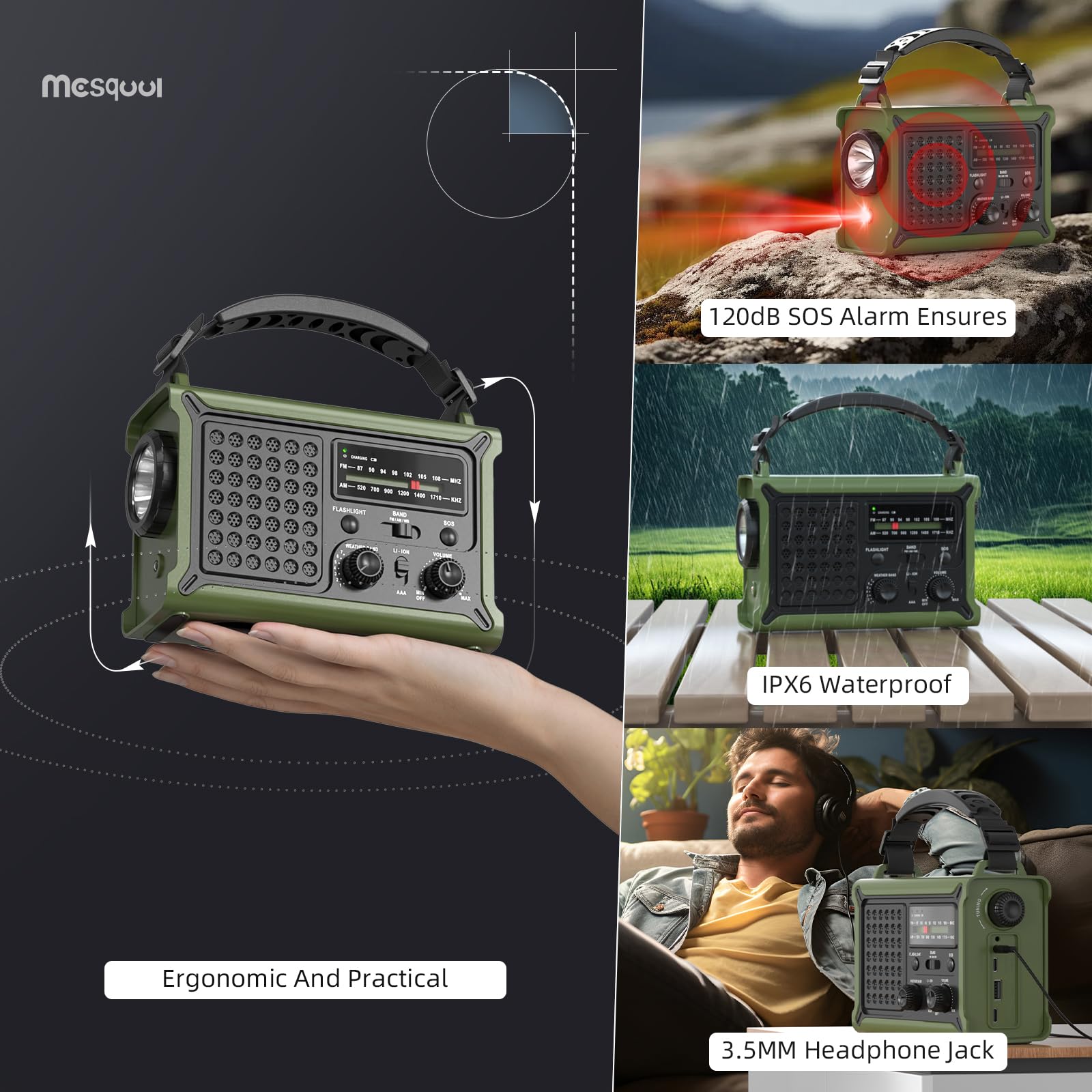 Solar Radio, Radio à Manivelle AM/FM avec 12000mAh Power Bank pour Le Chargement d’Urgence du Téléphone Intelligent, 5 Méthodes de Chargement, Prise Casque, SOS Alarme pour Le Camping, Urgence