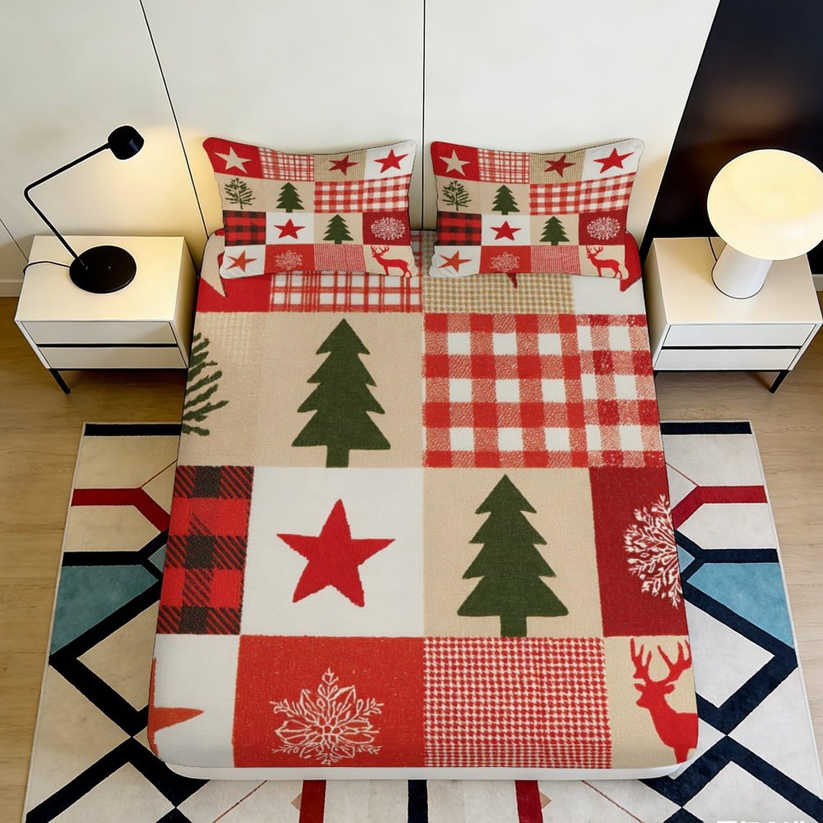 3D Printed Christmas Tree Red Plaid Fitted Sheet Microfiber Soft Breathable Star Snowflake Bed Cover for Bedroom Dormitory Guest Room Mattress Protection 200x200x25cm