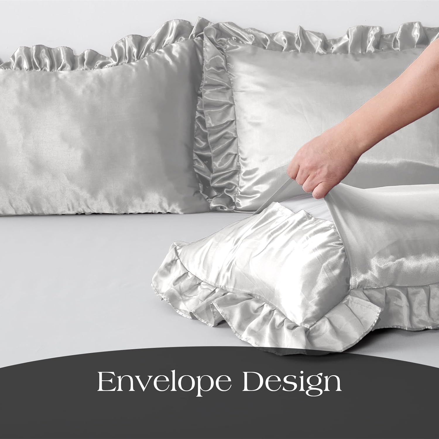 Q&J FABRIC CO. Ruffle Satin Pillow Cases Body Size,Ruffled Soft Cooling Silky Pillow Shams with Envelope Closure, Wrinkle Resistant Pillow Covers Room Decor Gifts,Silver Grey,20x54 Inch (1 Pack)