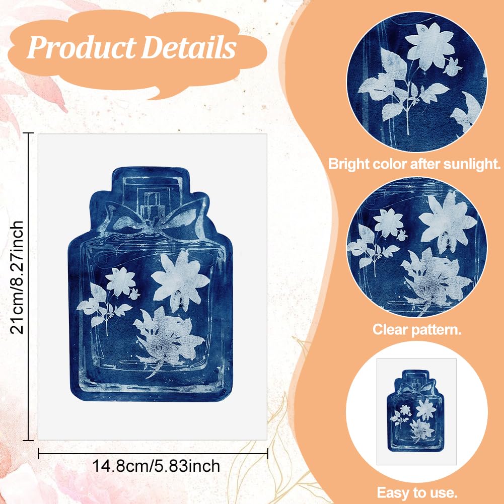 WEBEEDY Kit di 30 fogli di carta cianotipo con fiori cianotipi ad alta sensibilità, formato A5, kit completo con nappa, segnalibro, carta da disegno ad attivazione solare, per adulti, progetti fai da