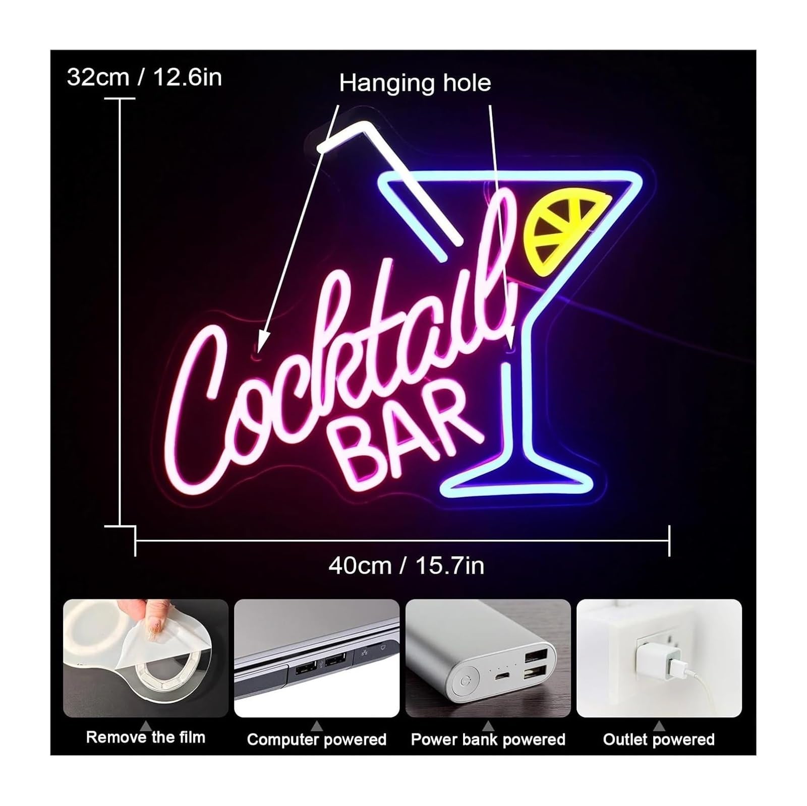 Neón Sign Luces de panel neón para bar cócteles, aplique pared para decoración, con tecnología