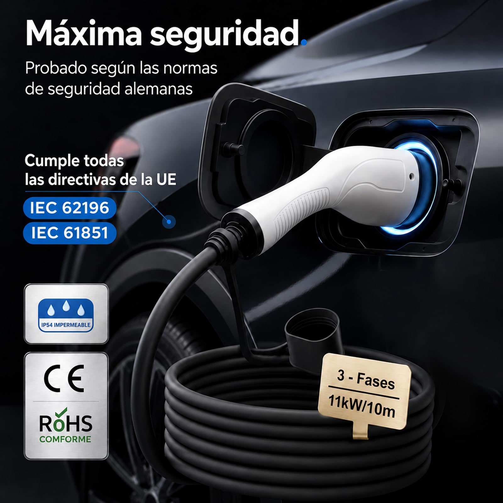 Cable de Carga Tipo 2 de Extremo Abierto 11kW 10m 16A para Wallbox Cable de reemplazo para estación de Carga
