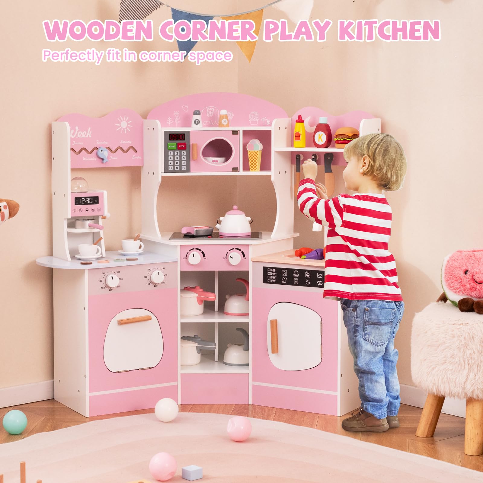 HOMASIS Kinderküche mit Licht & Sound, Spielküche mit 16 Spielzubehör, Küchenset mit Kaffeemaschine Spüle Mikrowelle Ofen Waschmaschine, Spielzeugküche Holz, Eckküche für Kinder ab 3 Jahren (Rosa)