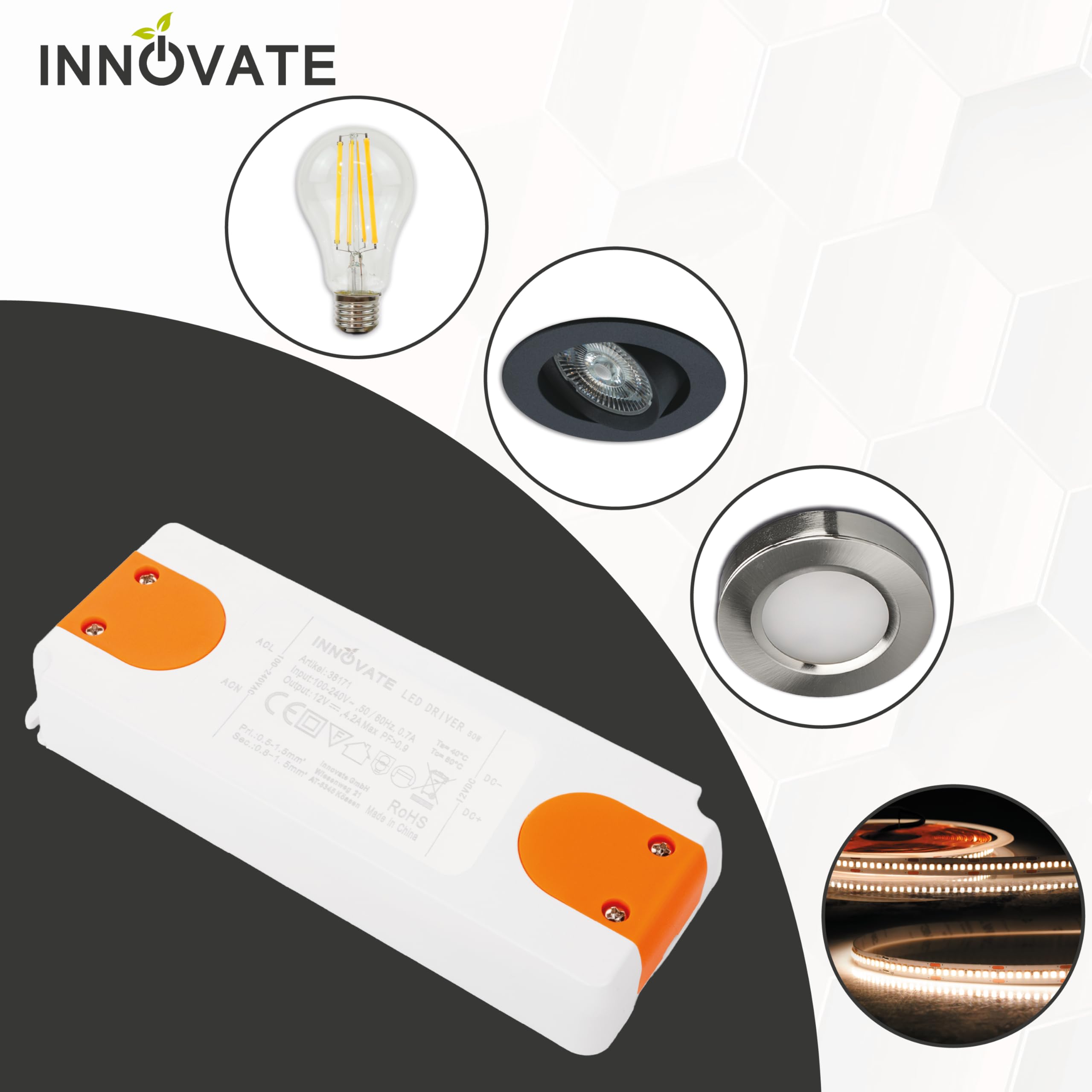 INNOVATE DC 12V Netzteil LED 0-50 W mit Stecker I LED Trafo 230V auf 12V