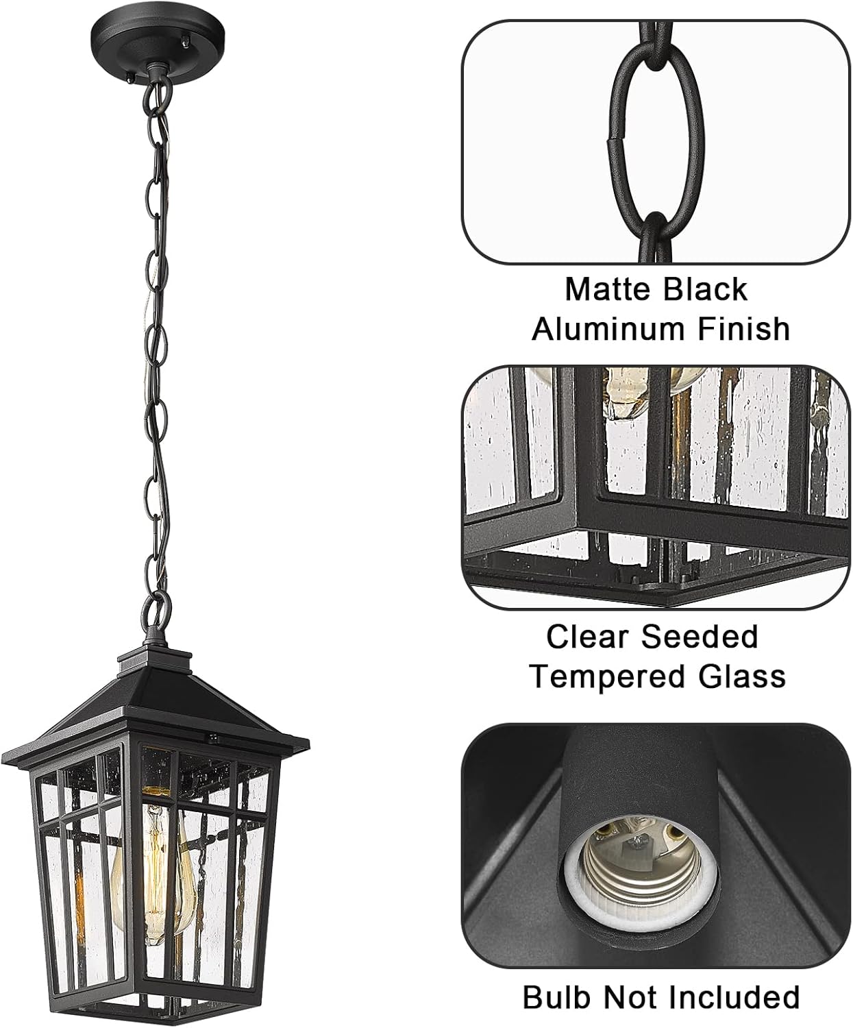 Darkaway Outdoor Pendant Light Fixture, Outdoor Hanging Light Porch Lights Fixtures Anti-Rust Waterproof Aluminum with Seeded Glass for Porch Entryway Doorway Farmhouse Black