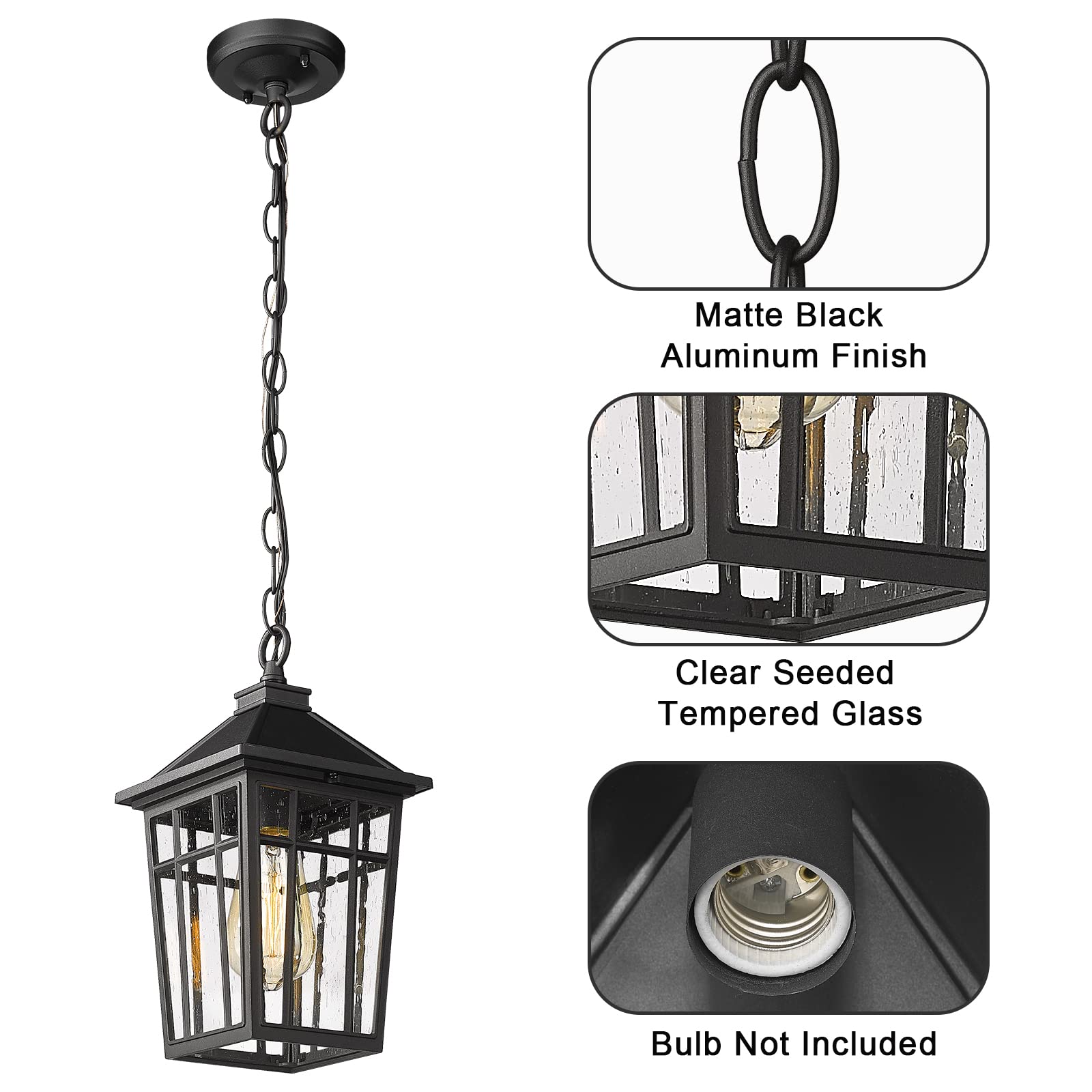 Darkaway Outdoor Pendant Light - Waterproof Aluminum With Seeded Glass, Farmhouse White, 6.5x12.2 Inches, E26 Bulb Compatible