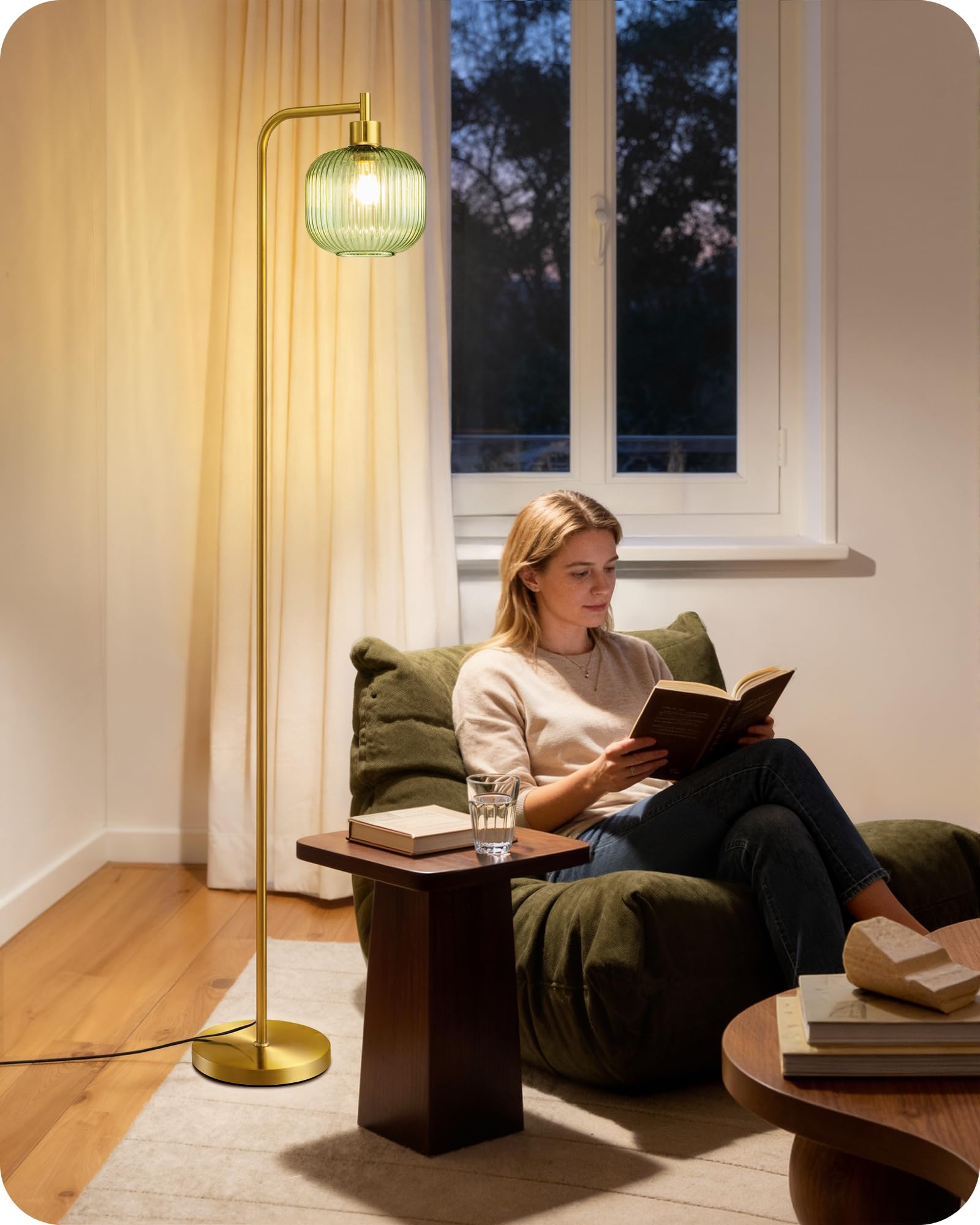 EDISHINE Lampadaire sur Pied Salon, Lampe Arquée avec Abat-Jour en Verre Bonbon Vert Menthe et Structure Métallique Dorée, Lampe de Lecture Moderne avec Ampoule LED E27 2700K, pour Chambre, Bureau