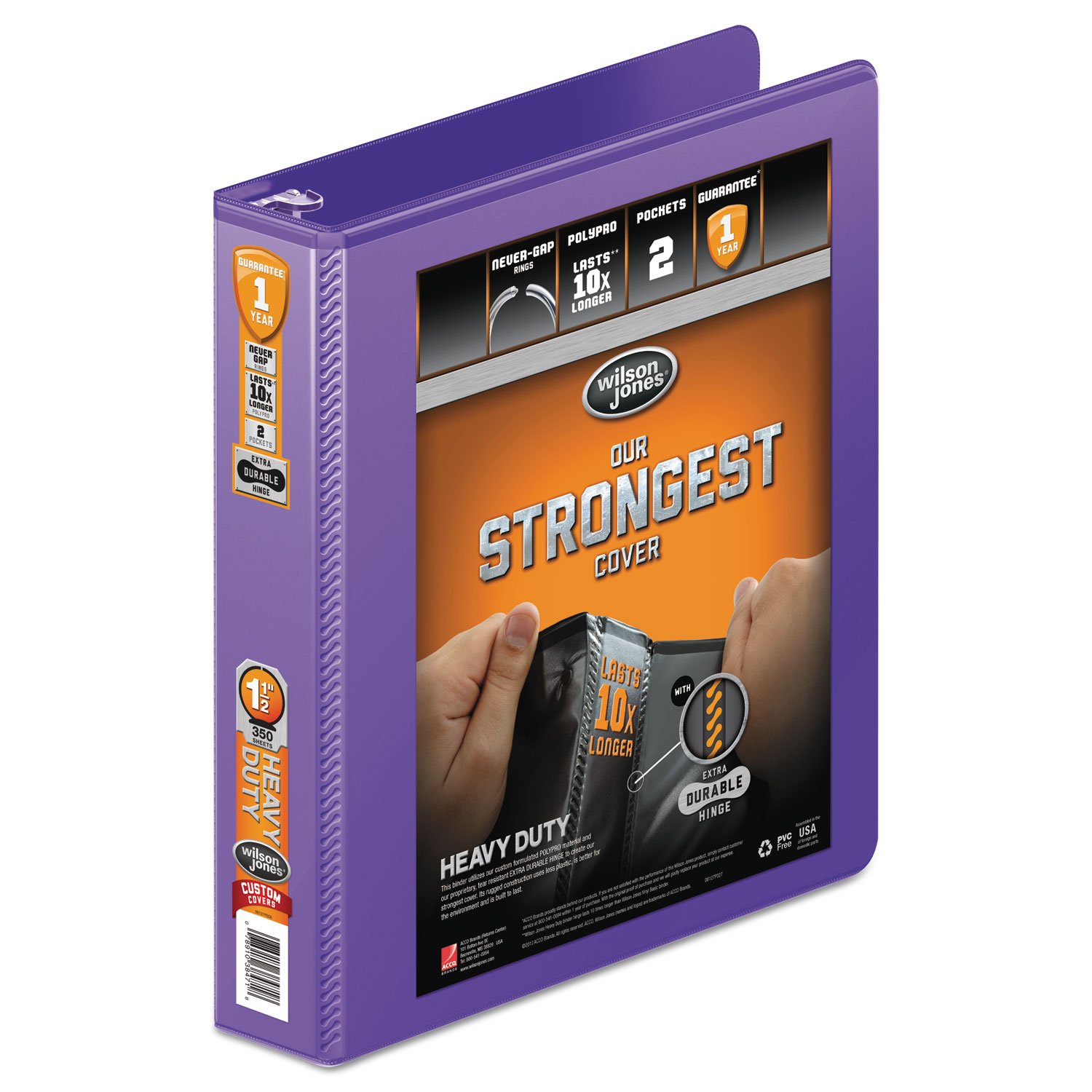 Heavy Duty Round Ring View Binder with Extra Durable Hinge by Wilson Jones – 1.5 inch, 350 pages, Polypropylene, Purple, Model W363-34-267